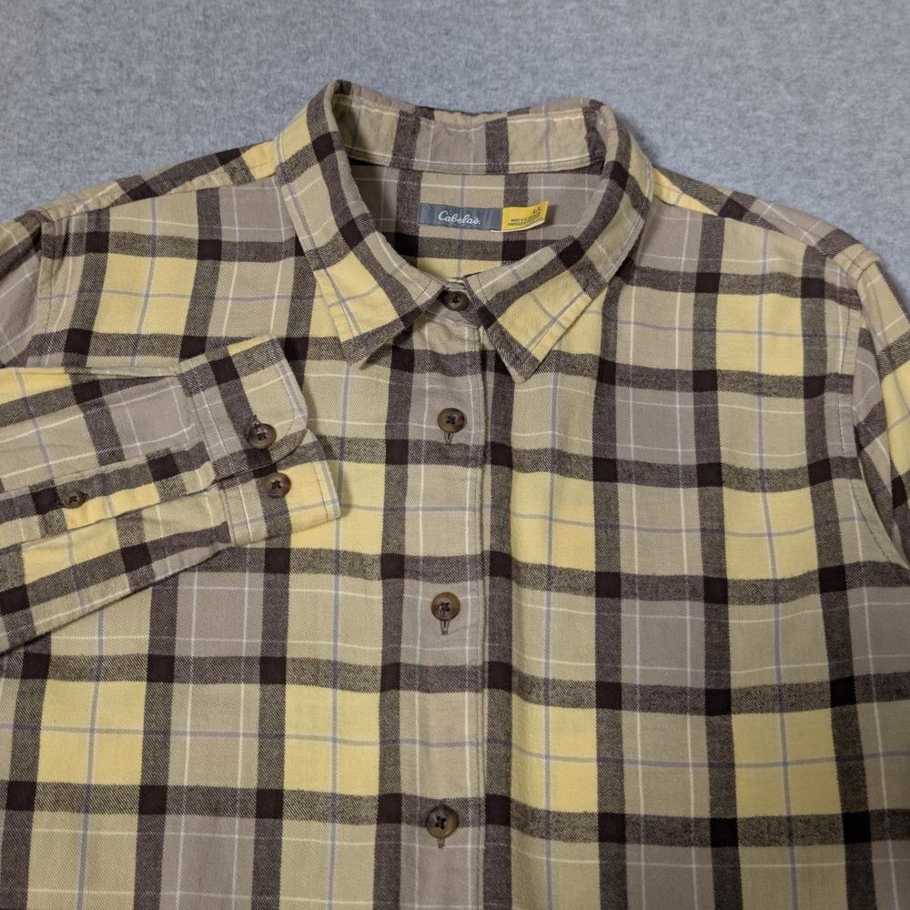 Cabela's Button Up Flannel Womens Large Yellow Plaid Long Sleeve